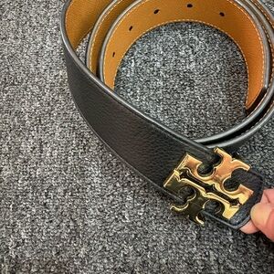 Tory Burch Reversable Leather Belt with Gold Logo Buckle